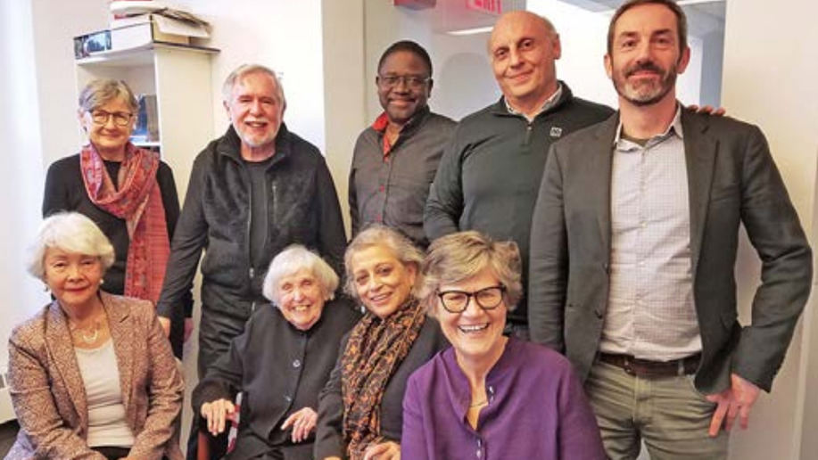 Elizabeth McCormack (bottom row, second from the left) pictured here with current and former CESR Board members at the 2019 annual Board meeting. (Top row, L to R: Carin Norberg; John Green; Joe Oloka-Onyango; Imad Sabi; Ignacio Saiz; Bottom row, L to R: